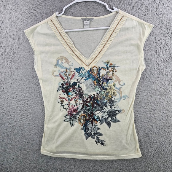 Alberto Makali Tops - Alberto Makali Womens Ivory Floral Rhinestone V-Neck Cap Sleeve Top Size L